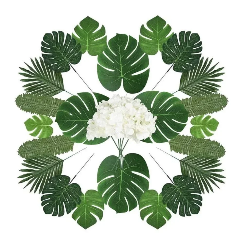50 pieces | Jungle Tropical Leaves & White Hydrangeas Wedding Party Decor